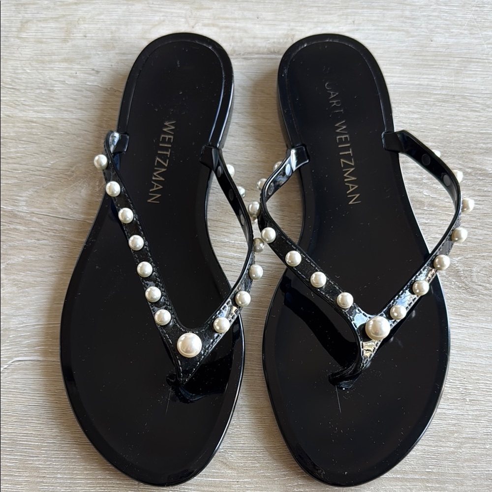 Stuart Weitzman Black Pearl-Embellished Sandals